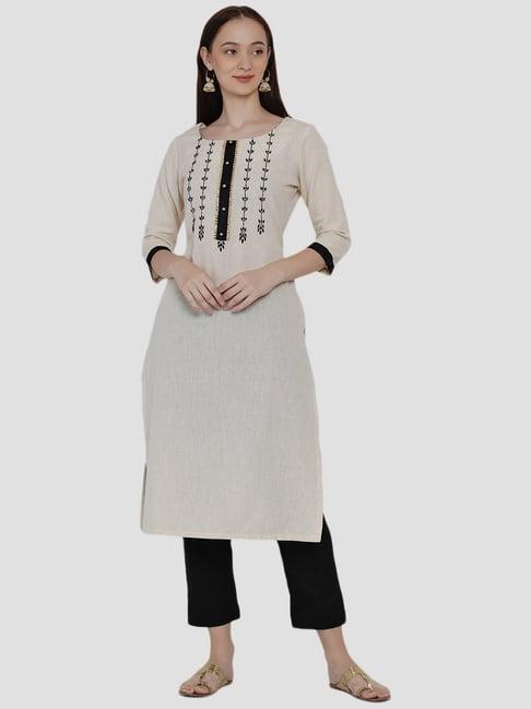 women republic white & black cotton embroidered kurta pant set