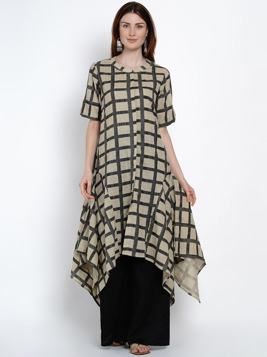 women republic women beige & black checked asymmetrical hemline kurta