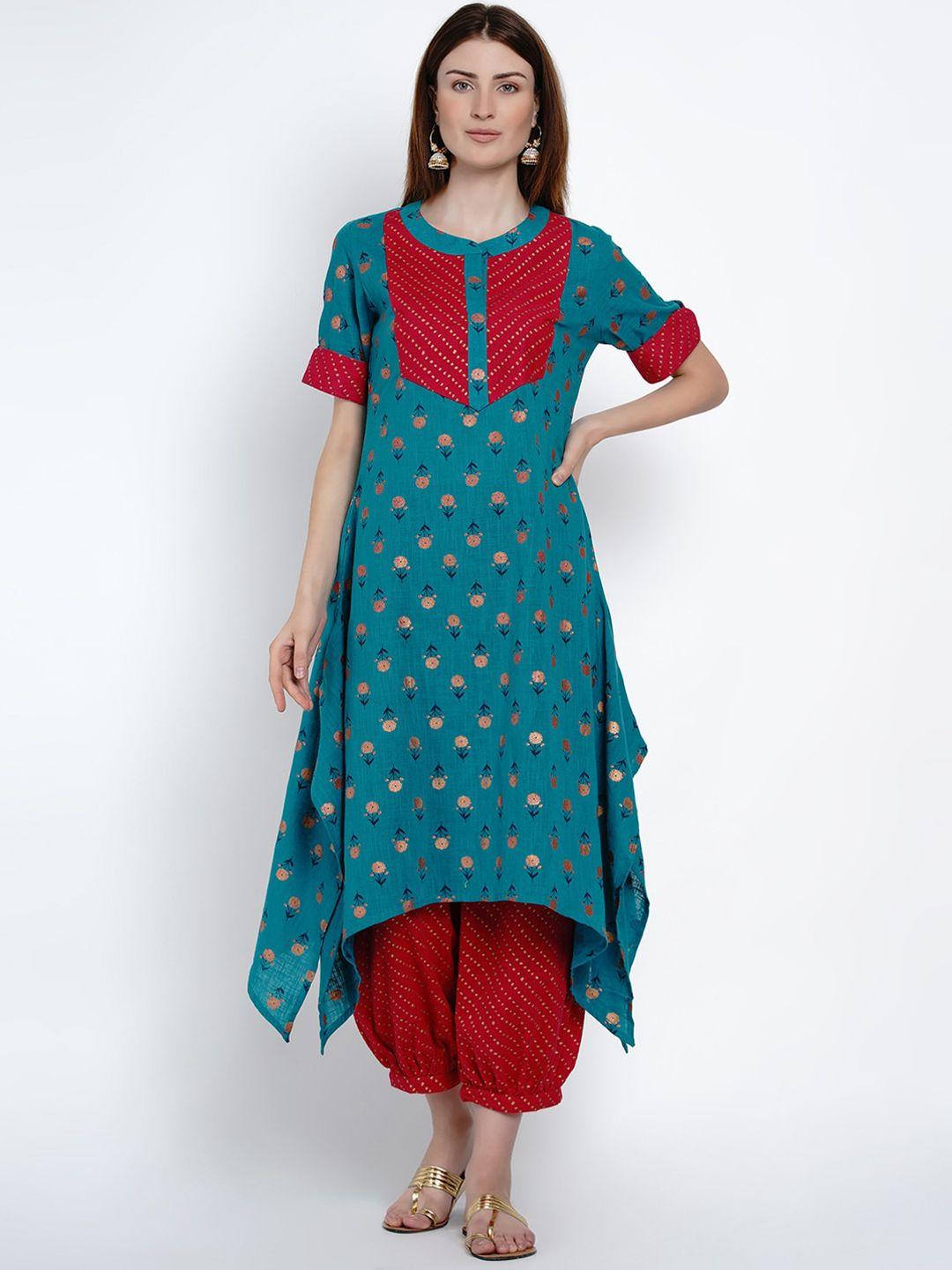 women republic women blue & maroon printed pure cotton kurta set