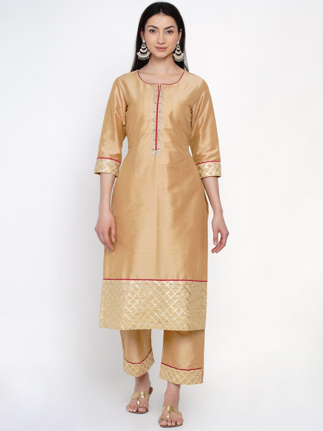 women republic women gold-toned ethnic motifs embroidered layered kurti with trousers