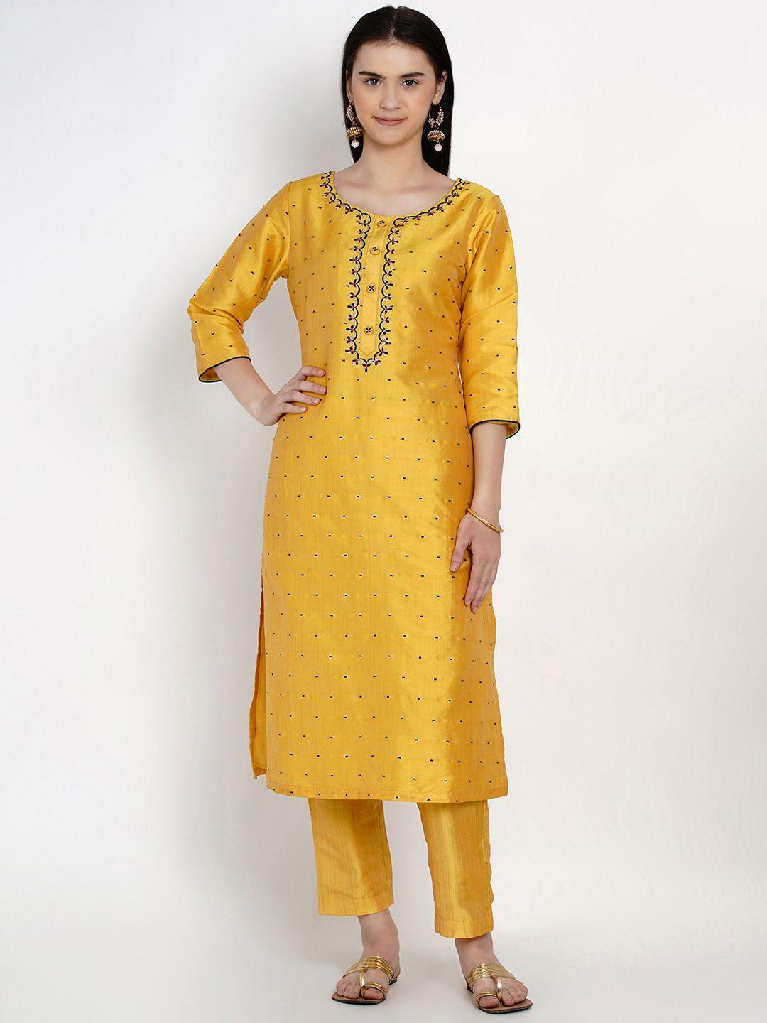 women republic women yellow embroidered kurta with trousers