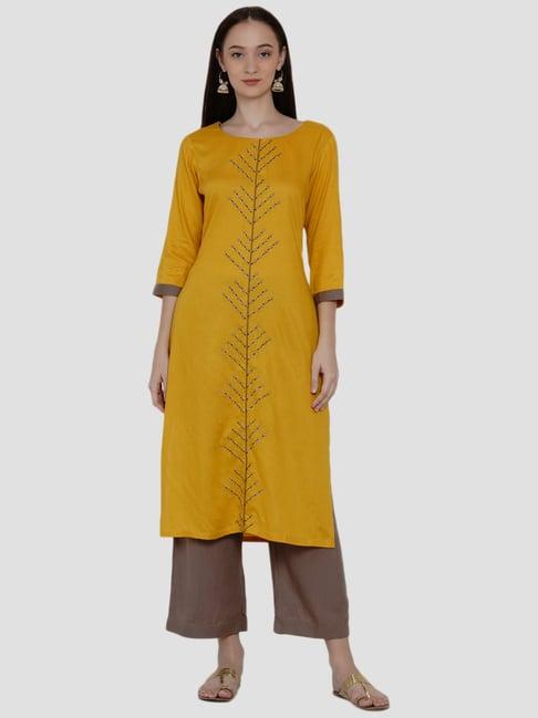 women republic yellow & grey embroidered kurta palazzo set