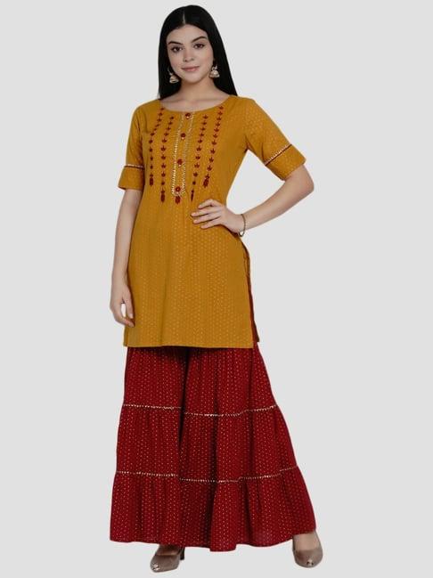 women republic yellow & maroon cotton embroidered kurti sharara set