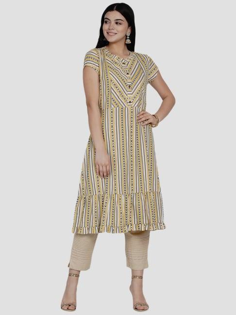 women republic yellow & white cotton striped a line kurta