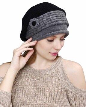 women ribbed beanie cap with floral applique