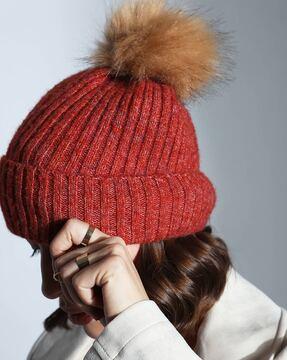 women ribbed beanie with pom-pom