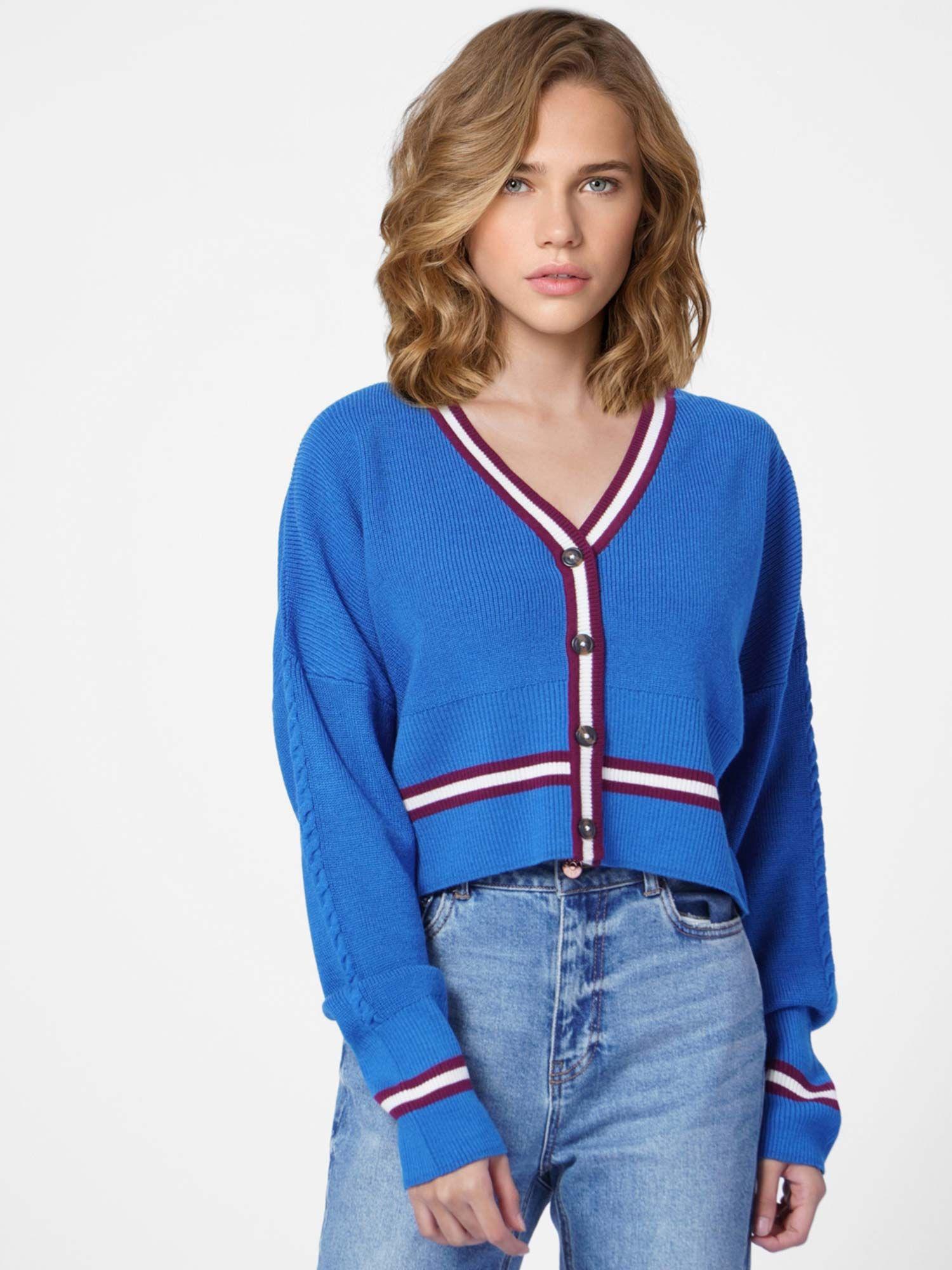 women ribbed blue cardigan