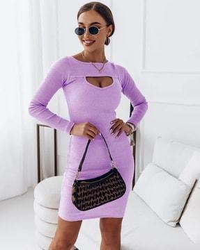 women ribbed boat-neck long sleeves bodycon dress