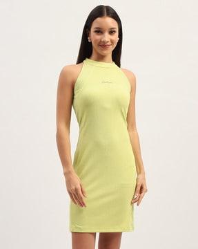 women ribbed bodycon dress with crew neck