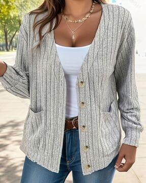 women ribbed cardigan with half-button closure