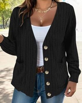women ribbed cardigan with patch-pockets