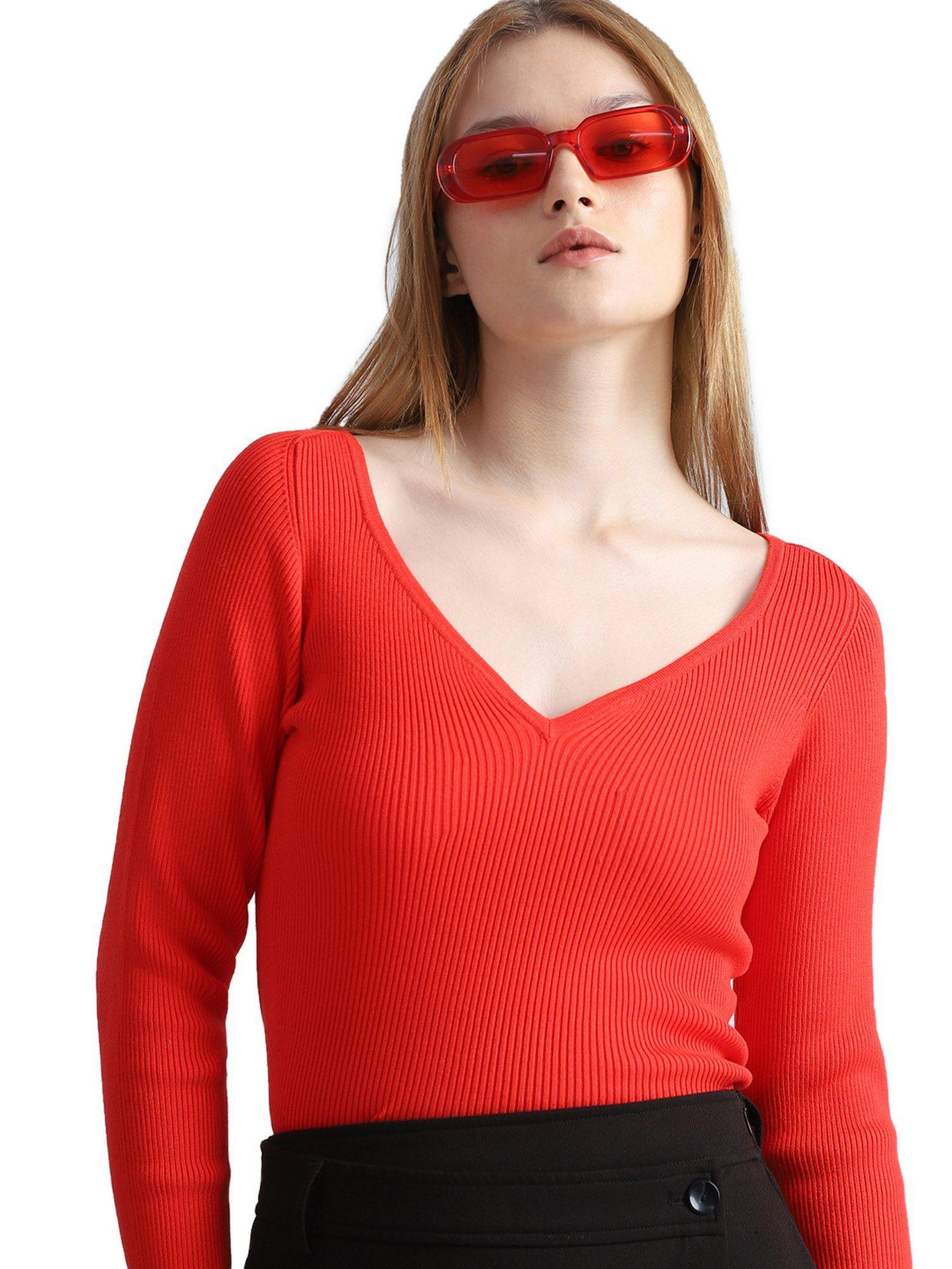 women ribbed casual red sweater