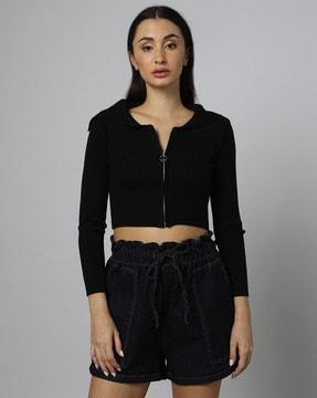 women ribbed cropped cardigan