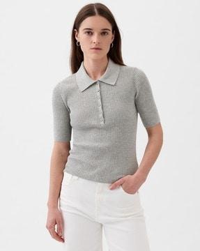 women ribbed elbow-sleeve polo neck sweater
