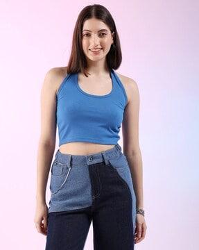 women ribbed fitted halter-neck crop top