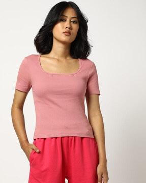 women ribbed fitted round-neck t-shirt