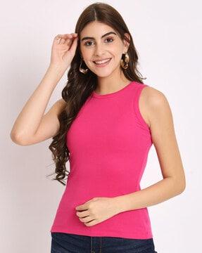 women ribbed fitted round-neck top