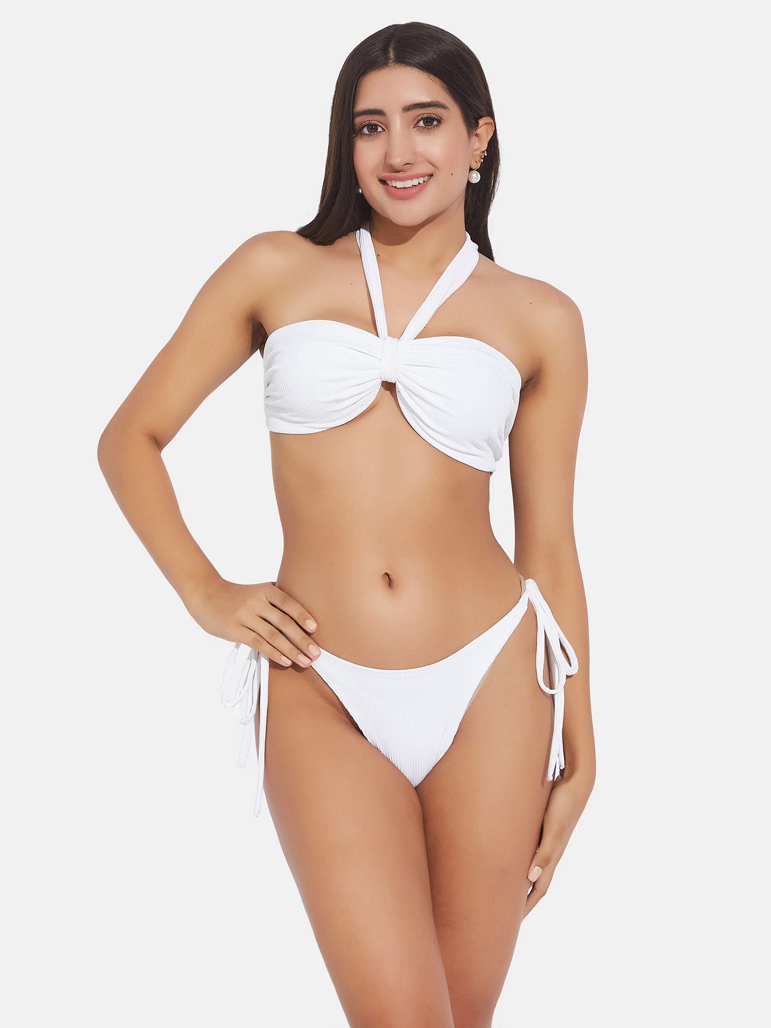 women ribbed halter beach wear bikini with bra (set of 2)