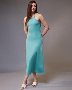 women ribbed halter neck a-line dress