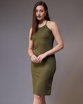 women ribbed halter-neck bodycon dress