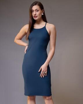 women ribbed halter-neck bodycon dress