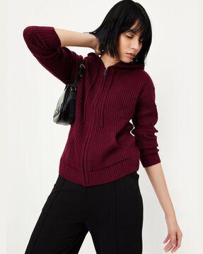 women ribbed hooded sweater