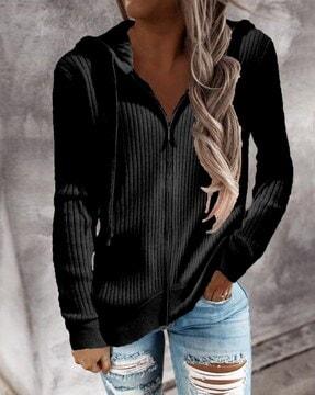 women ribbed loose fit hoodie