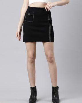 women ribbed pencil skirt with flap pocket