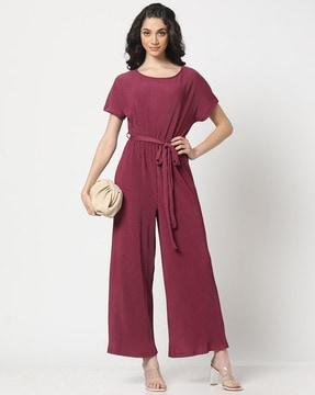 women ribbed perma pleat jumpsuit with tie-up