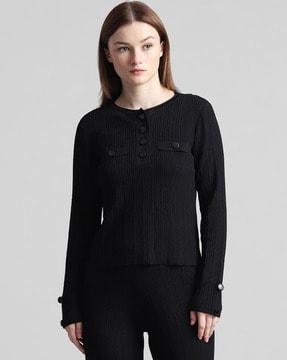 women ribbed pullover with button accent