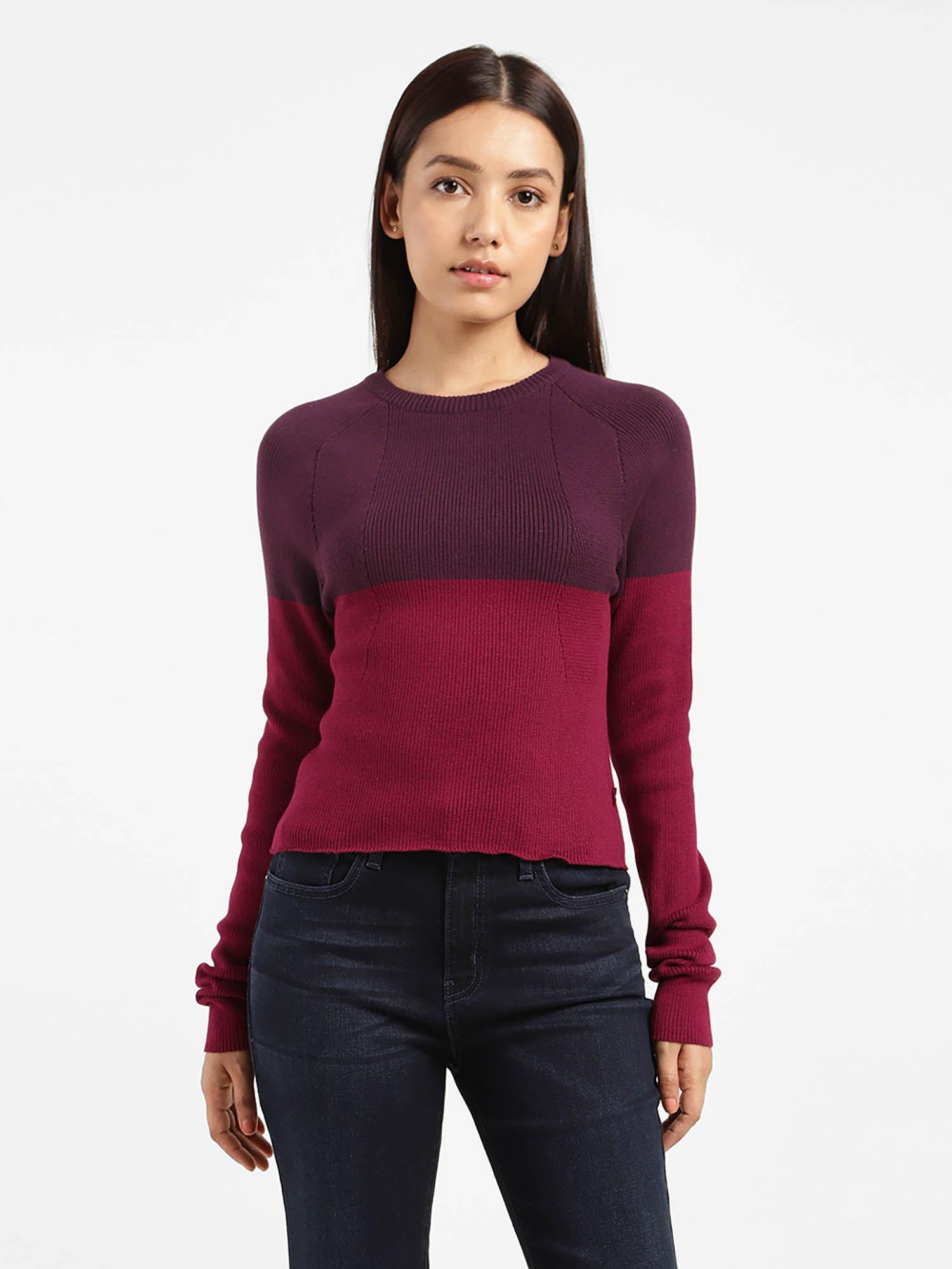 women ribbed raglan sleeves colourblocked round neck pullover