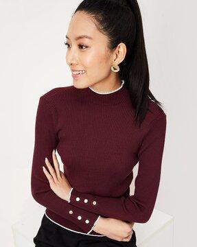 women ribbed regular fit blouse with round neck