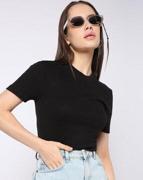 women ribbed regular fit crew-neck t-shirt