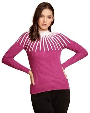 women ribbed regular fit high-neck sweatshirt