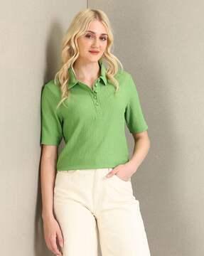 women ribbed regular fit polo t-shirt