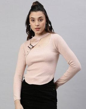 women ribbed regular fit top with buckle accent