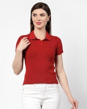 women ribbed regular fit top with short sleeves