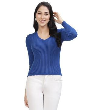 women ribbed regular fit v-neck top