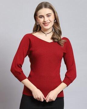 women ribbed regular fit v-neck top