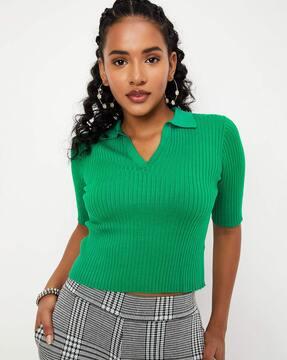 women ribbed regular fit v-neck top