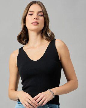 women ribbed regular fit v-neck top