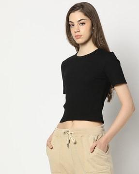 women ribbed relaxed fit crew-neck t-shirt