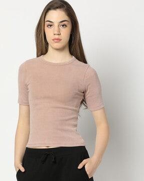 women ribbed relaxed fit crew-neck t-shirt