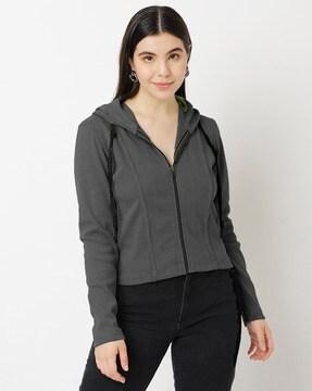 women ribbed relaxed fit hoodie with zip closure