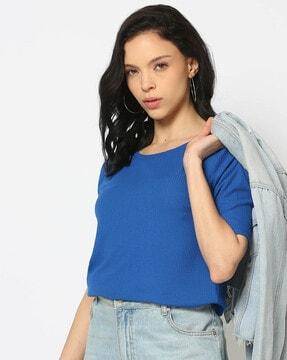 women ribbed relaxed fit round-neck t-shirt