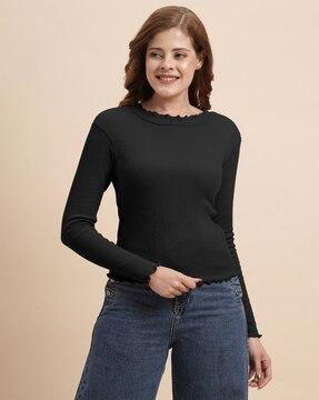 women ribbed relaxed fit round-neck top