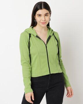 women ribbed relaxed fit zip-front hoodie