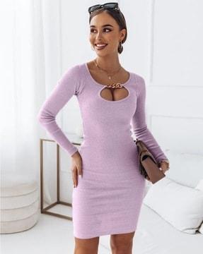 women ribbed round-neck long sleeves bodycon dress