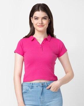 women ribbed slim fit polo t-shirt