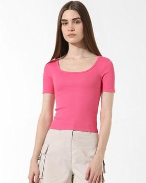 women ribbed slim fit round-neck t-shirt